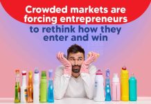 Market entry strategies for new brands illustrated with crowded FMCG products and a confused entrepreneur.