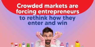 Market entry strategies for new brands illustrated with crowded FMCG products and a confused entrepreneur.