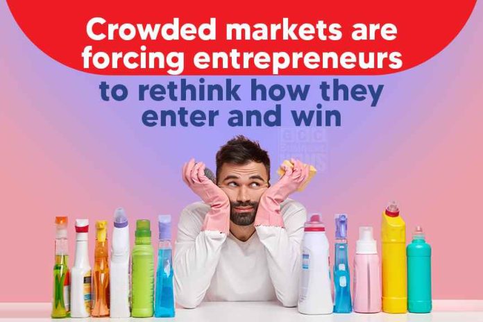 Market entry strategies for new brands illustrated with crowded FMCG products and a confused entrepreneur.