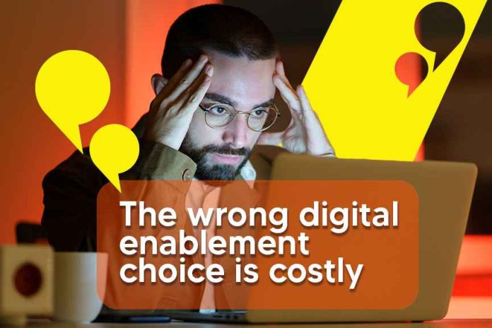 Stressed executive reviewing costly digital decisions, highlighting ROI in Digital Enablement Consulting