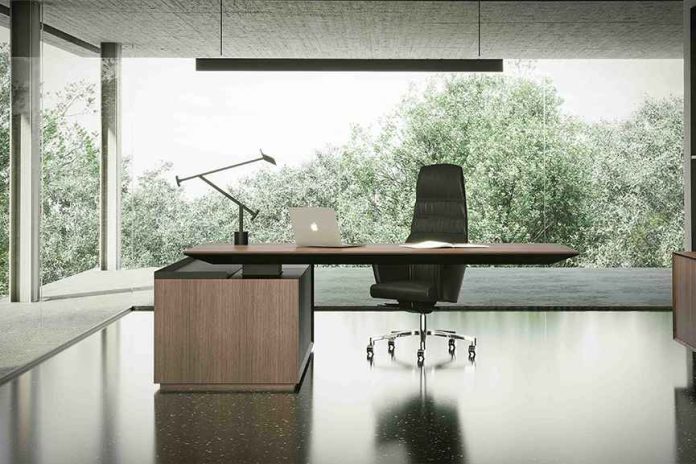 Right Office Furniture Selection Guide Right Office Furniture Selection Guide: modern executive desk and ergonomic chair in a minimalist, well-lit office workspace