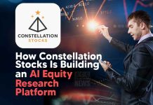 Constellation Stocks Dubai, AI equity research platform concept visual showing financial analyst reviewing digital stock market data and growth charts on screen.