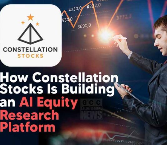 Constellation Stocks Dubai, AI equity research platform concept visual showing financial analyst reviewing digital stock market data and growth charts on screen.