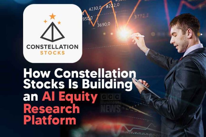 Constellation Stocks Dubai, AI equity research platform concept visual showing financial analyst reviewing digital stock market data and growth charts on screen.