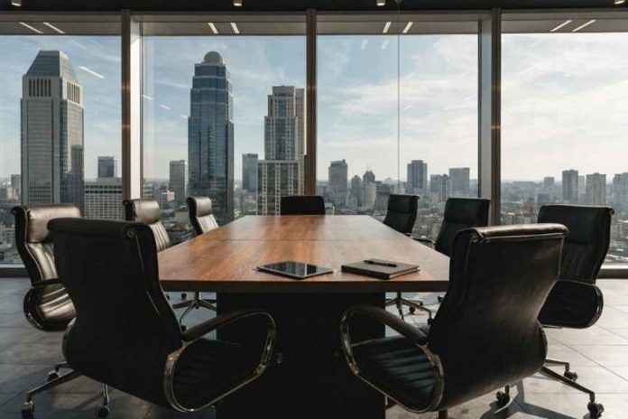 Modern executive boardroom overlooking city skyline, representing Orizon Concierge and executive time management solutions for business leaders in Dubai.