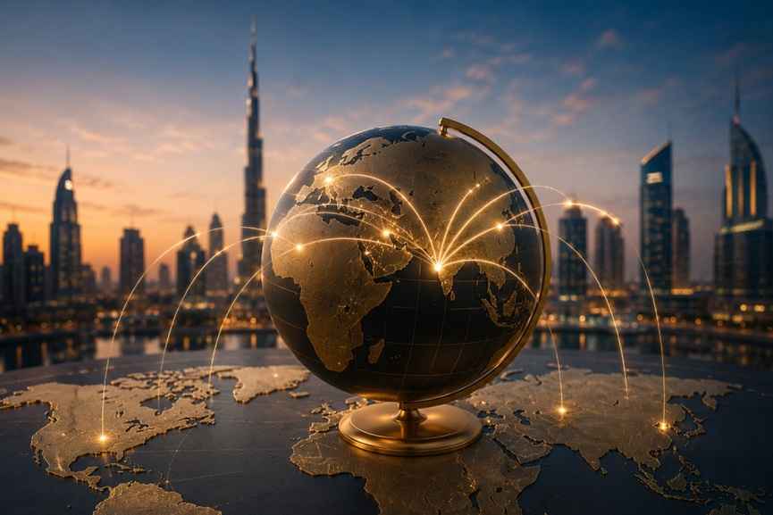 Enfield Royal Clinic Dubai global expansion visual featuring international healthcare connectivity and Dubai skyline backdrop.