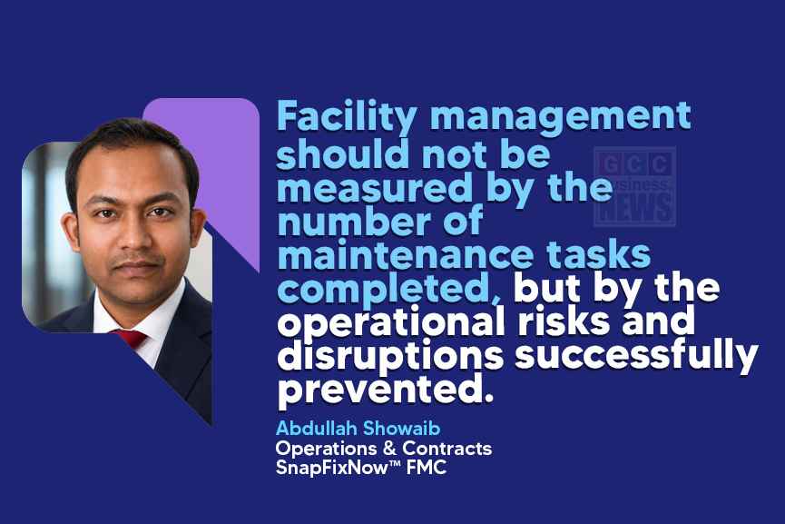 Portrait of Abdullah Showaib alongside a quote on facility management emphasizing risk prevention and operational continuity.
