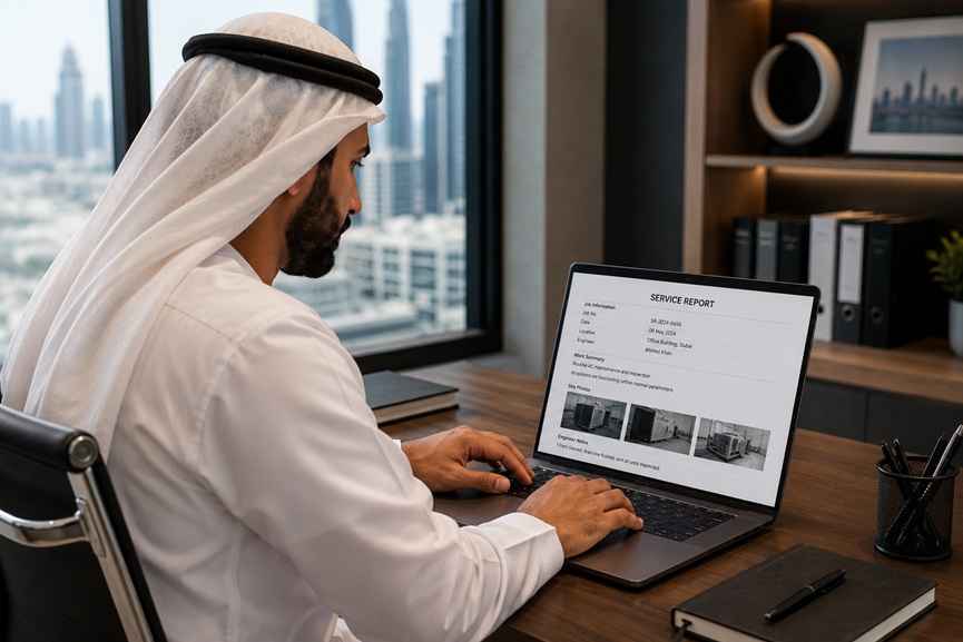 AI-generated image of a UAE business executive reviewing a digital facility management service report on a laptop in a modern office.