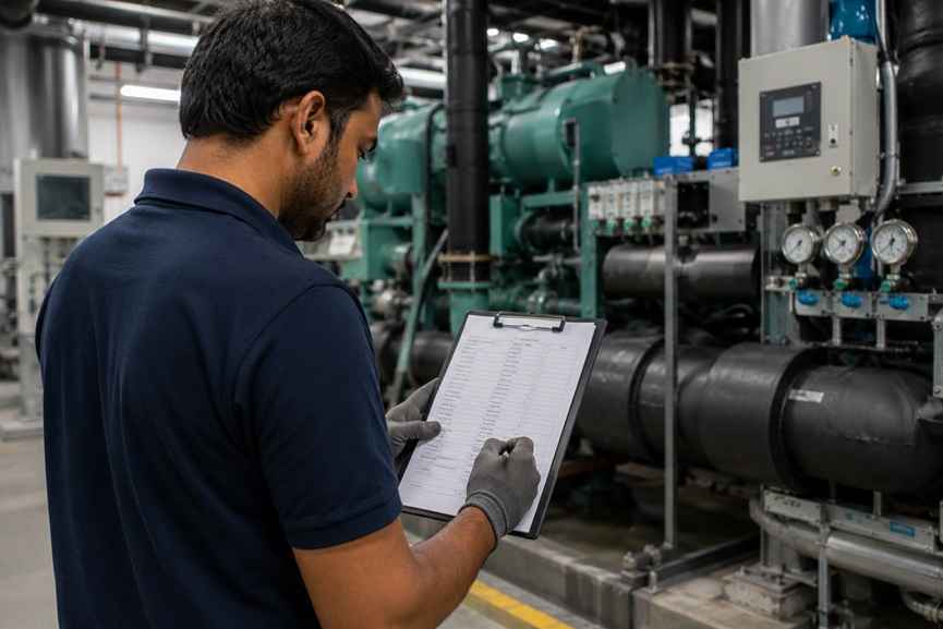 Facility management technician completing a maintenance inspection checklist in an industrial plant.