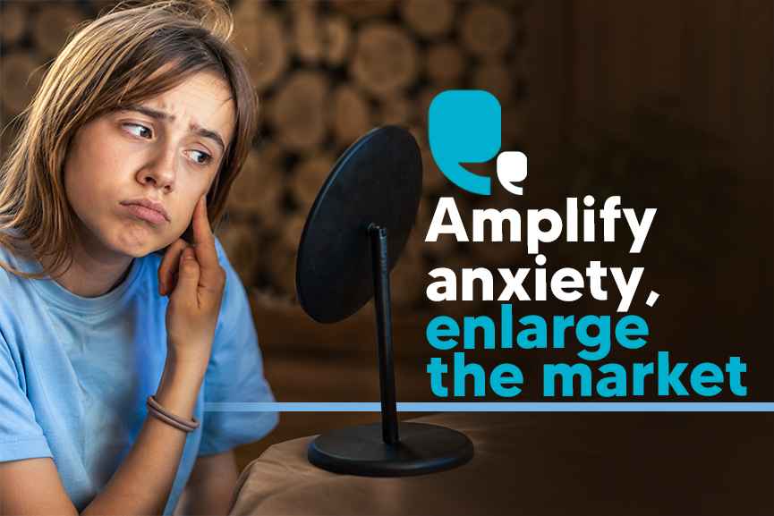 Concerned young woman looking into a mirror, illustrating content driven market creation through anxiety-based marketing and consumer influence.