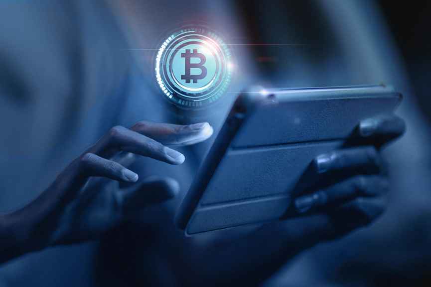 Digital Bitcoin interface showing Crypto and Blockchain in Saudi Arabia.