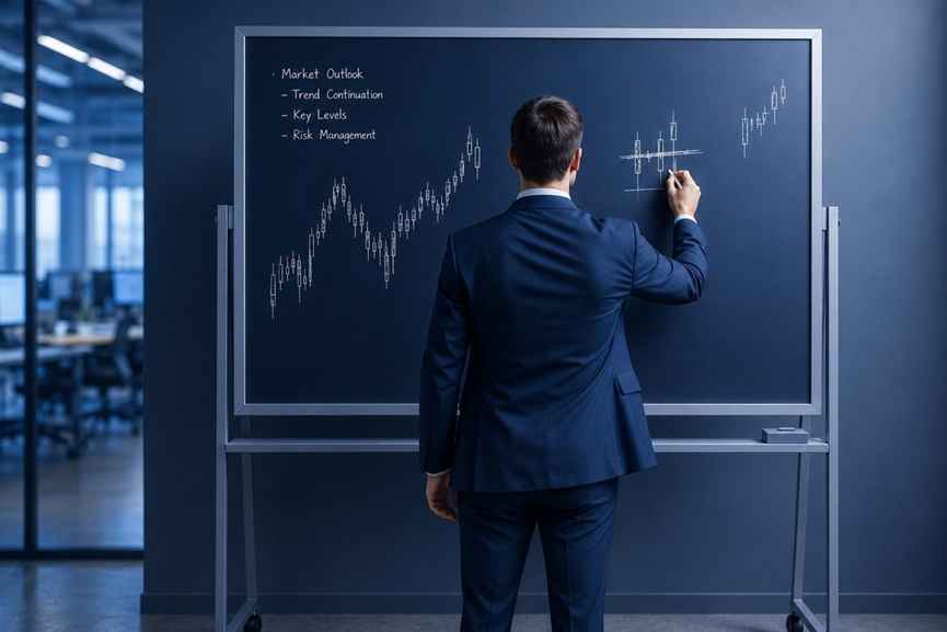 Zenithr on AI and the future of work, showing a business leader analysing market trends and risk on a board.