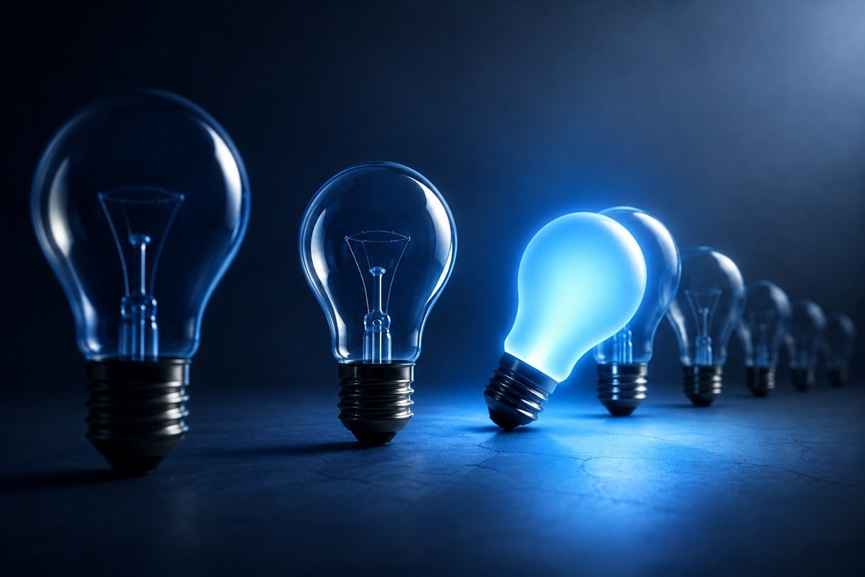 Zenithr on AI and the future of work, represented by one illuminated light bulb standing out among unlit bulbs.