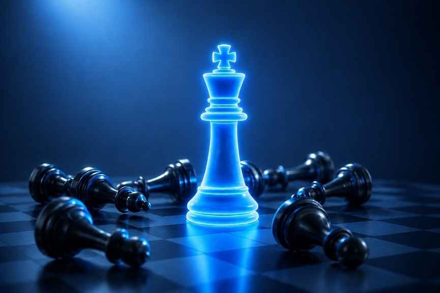 Zenithr on AI and the future of work, symbolised by a glowing chess king standing among fallen pieces