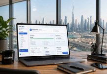 GenZone UAE and US company formation dashboard displayed on a laptop in a Dubai office