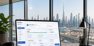 GenZone UAE and US company formation dashboard displayed on a laptop in a Dubai office