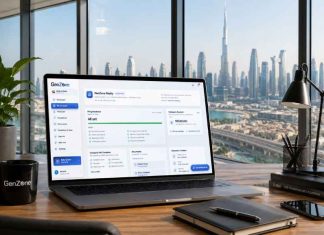 Company formation is becoming a dashboard GenZone UAE and US company formation dashboard displayed on a laptop in a Dubai office