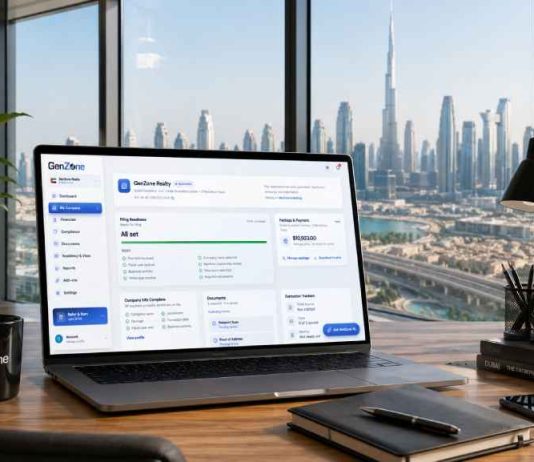 GenZone UAE and US company formation dashboard displayed on a laptop in a Dubai office