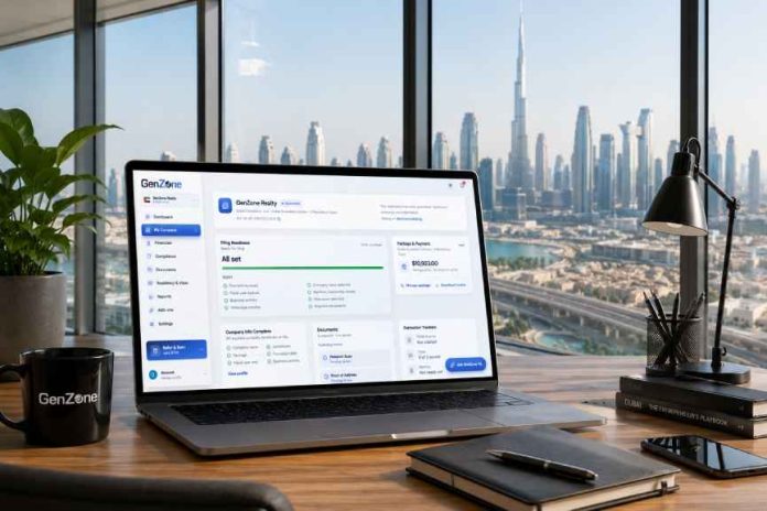 GenZone UAE and US company formation dashboard displayed on a laptop in a Dubai office